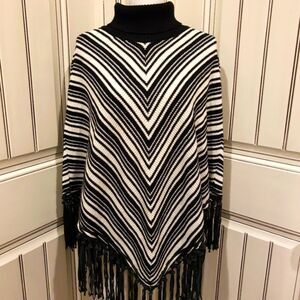 Dana Bachman black ivory white  Leather guede fringe poncho turtleneck shrug